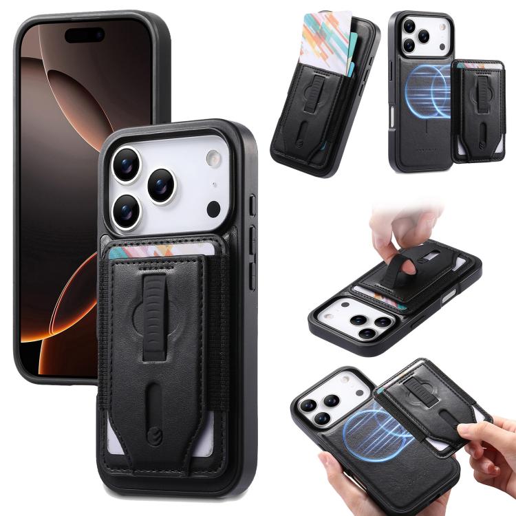 For iPhone 17 Pro Max CaseNeo Retro Wristband Elastic Card Bag Magnetic Back Phone Case(Black)