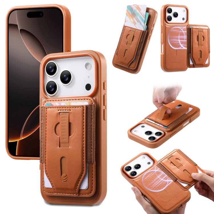 For iPhone 17 Pro Max CaseNeo Retro Wristband Elastic Card Bag Magnetic Back Phone Case(Brown)