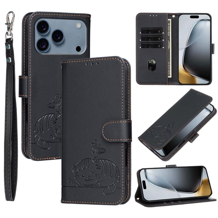 For iPhone 17 Pro Max Cat Butterfly Embossed RFID Vegan Leather Phone Case with Strap(Black)