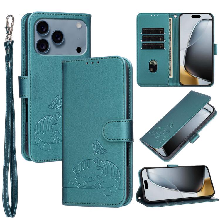 For iPhone 17 Pro Max Cat Butterfly Embossed RFID Vegan Leather Phone Case with Strap(Dark Green)