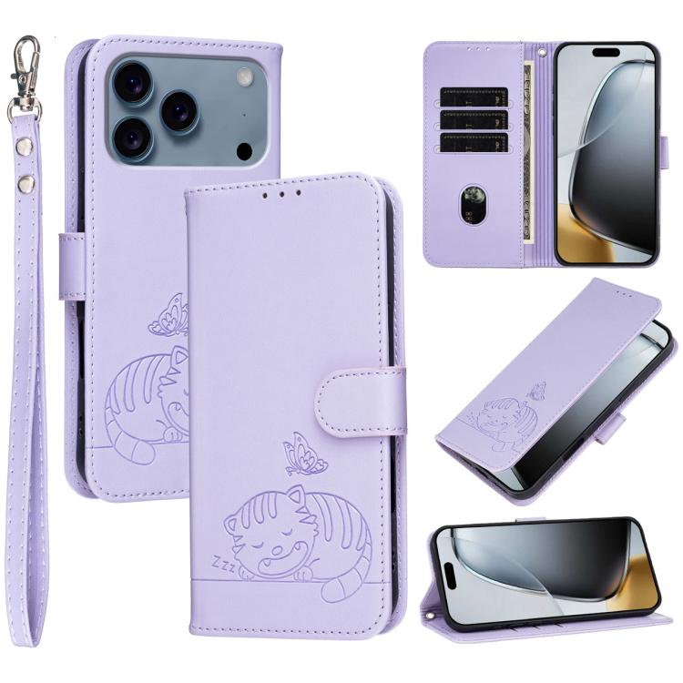 For iPhone 17 Pro Max Cat Butterfly Embossed RFID Vegan Leather Phone Case with Strap(Light Purple)