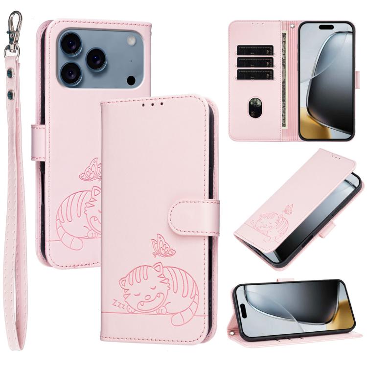 For iPhone 17 Pro Max Cat Butterfly Embossed RFID Vegan Leather Phone Case with Strap(Pink)