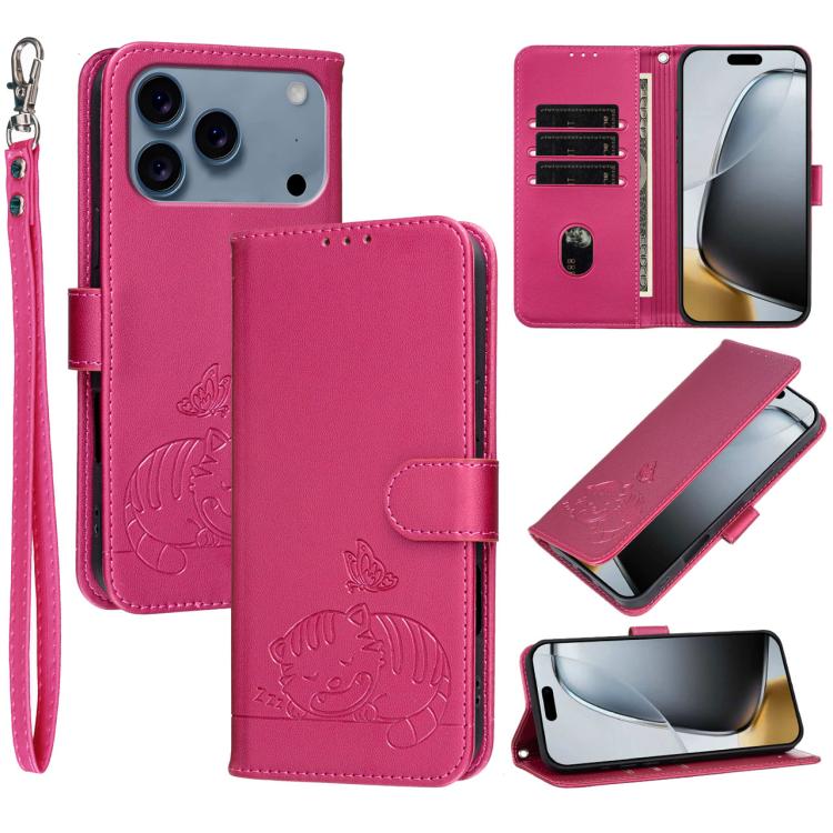 For iPhone 17 Pro Max Cat Butterfly Embossed RFID Vegan Leather Phone Case with Strap(Rose Red)