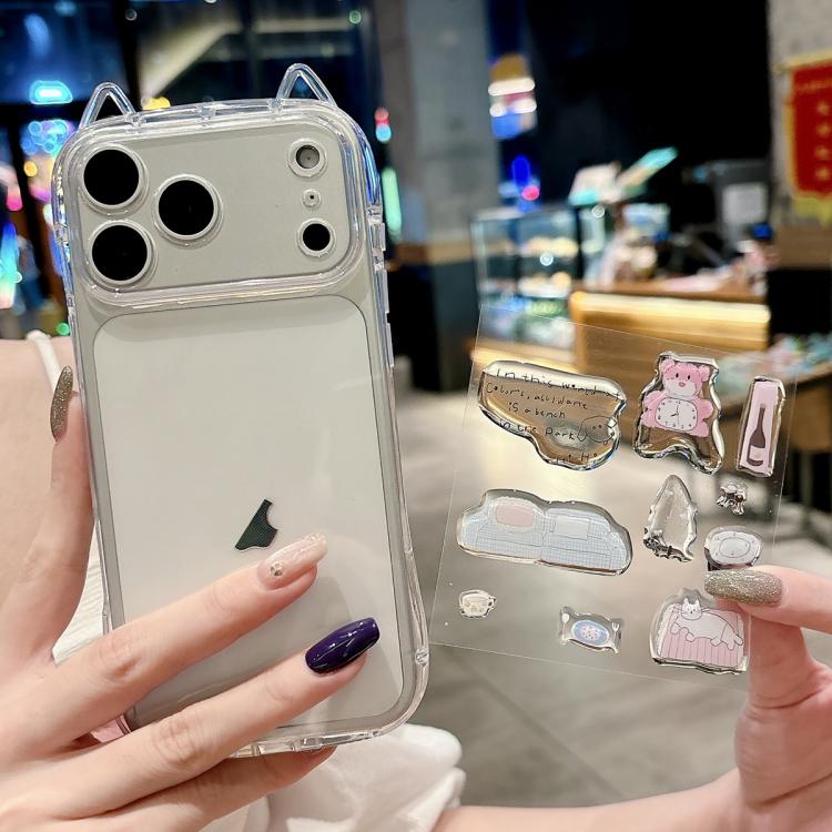 For iPhone 17 Pro Max Cat-Ear Style Transparent PC Phone Case with Resin Sticker(Pink Bear)