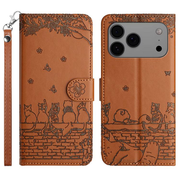 For iPhone 17 Pro Max Cat Embossing Pattern Leather Phone Case with Lanyard(Brown)