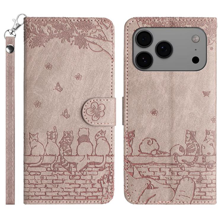 For iPhone 17 Pro Max Cat Embossing Pattern Leather Phone Case with Lanyard(Grey)