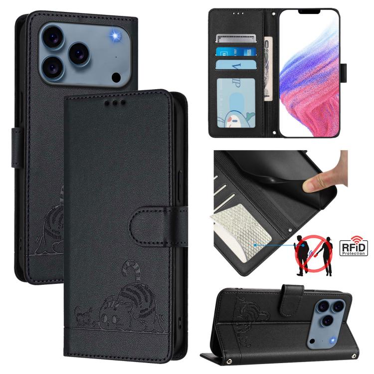 For iPhone 17 Pro Max Cat Rat Embossed Pattern RFID Leather Phone Case with Lanyard(Black)
