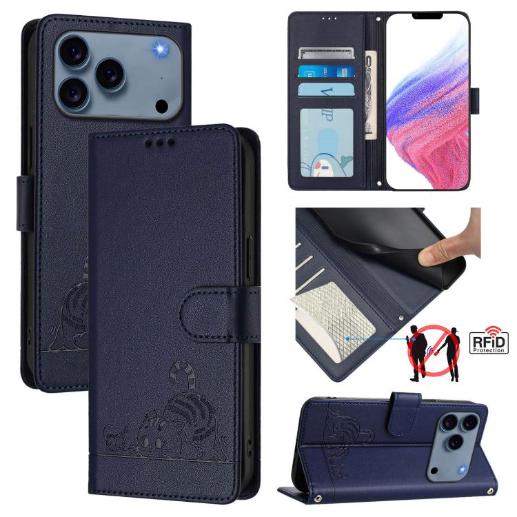 For iPhone 17 Pro Max Cat Rat Embossed Pattern RFID Leather Phone Case with Lanyard(Blue)