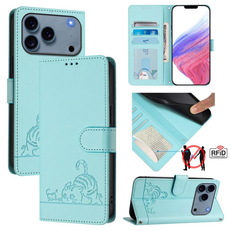 For iPhone 17 Pro Max Cat Rat Embossed Pattern RFID Leather Phone Case with Lanyard(Mint Green)