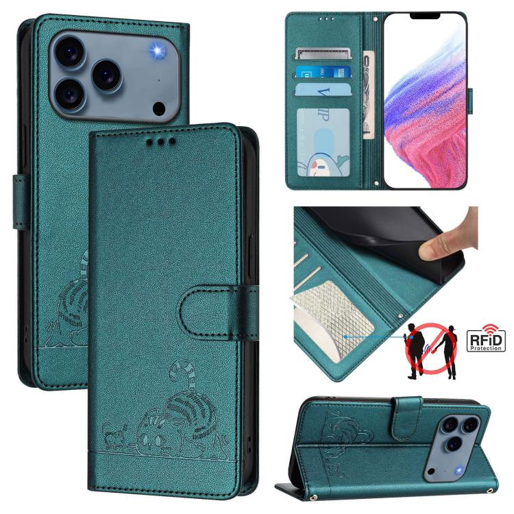 For iPhone 17 Pro Max Cat Rat Embossed Pattern RFID Leather Phone Case with Lanyard(Peacock Green)