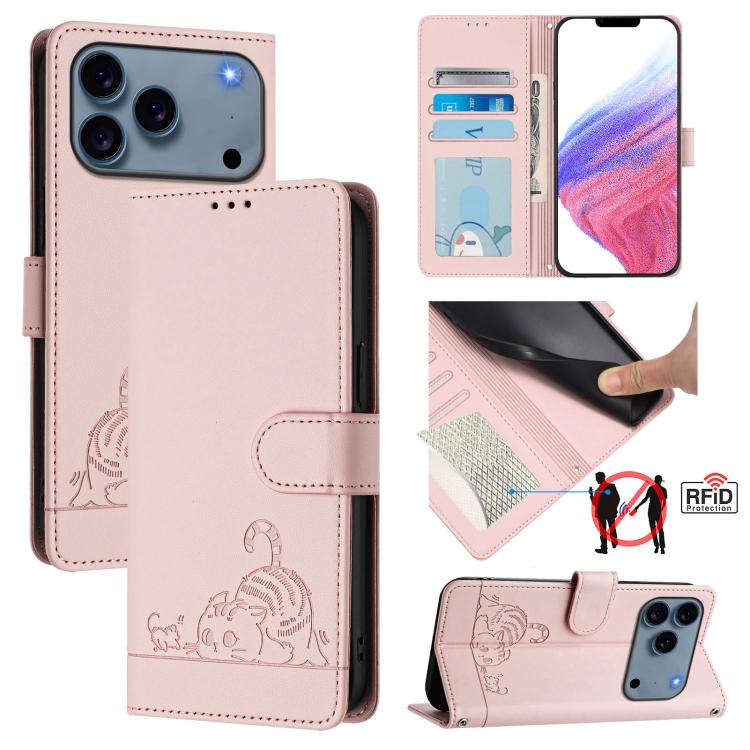 For iPhone 17 Pro Max Cat Rat Embossed Pattern RFID Leather Phone Case with Lanyard(Pink)