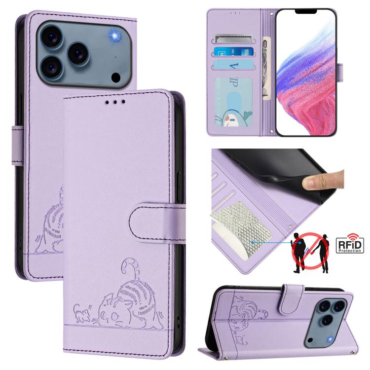 For iPhone 17 Pro Max Cat Rat Embossed Pattern RFID Leather Phone Case with Lanyard(Purple)