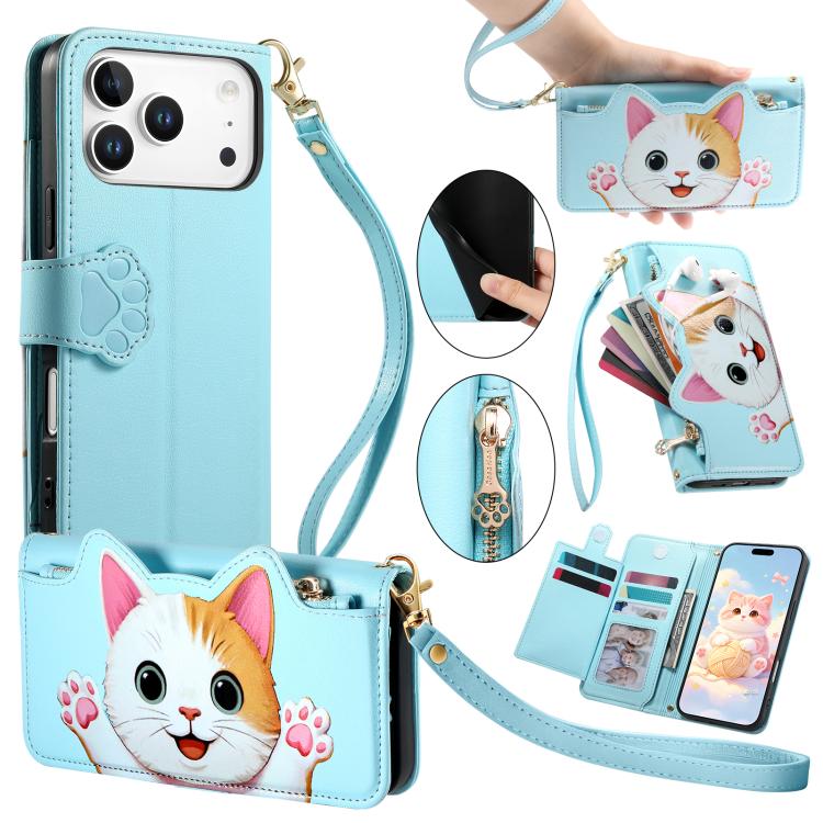 For iPhone 17 Pro Max Cat-shaped Zipper Wallet Vegan Leather Phone Case with Strap(Blue)
