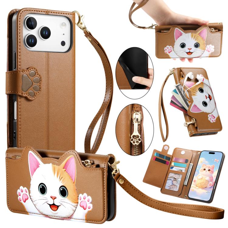 For iPhone 17 Pro Max Cat-shaped Zipper Wallet Vegan Leather Phone Case with Strap(Brown)