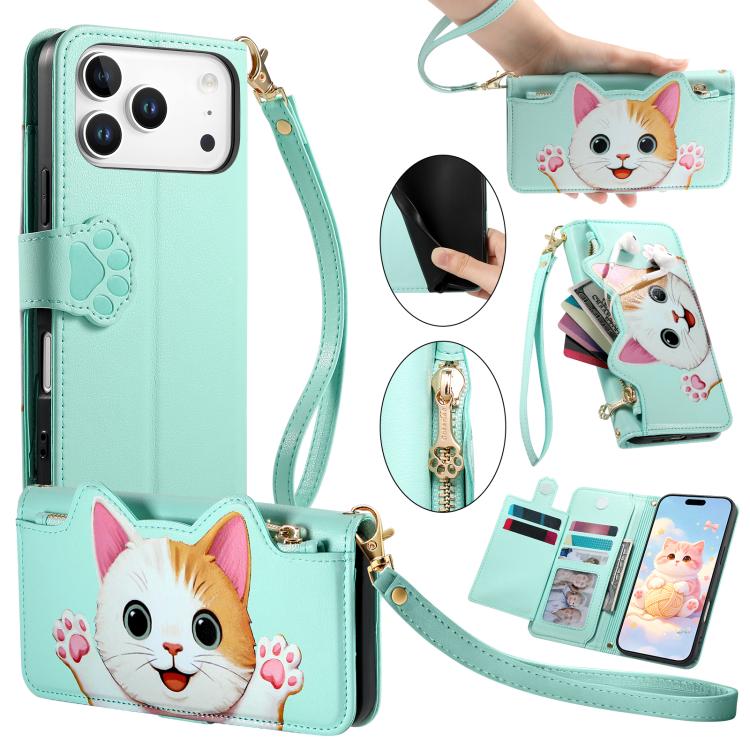 For iPhone 17 Pro Max Cat-shaped Zipper Wallet Vegan Leather Phone Case with Strap(Green)