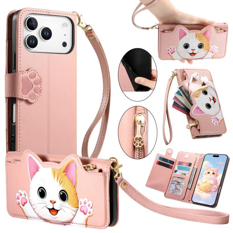 For iPhone 17 Pro Max Cat-shaped Zipper Wallet Vegan Leather Phone Case with Strap(Pink)
