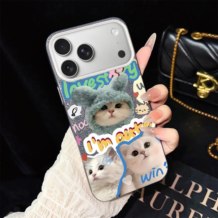 For iPhone 17 Pro Max Cats Pattern IMD Glitter PC Hybrid TPU Phone Case(Black)