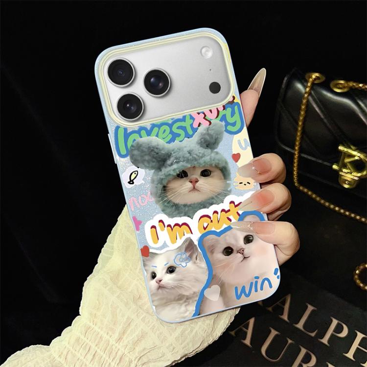 For iPhone 17 Pro Max Cats Pattern IMD Glitter PC Hybrid TPU Phone Case(Blue)