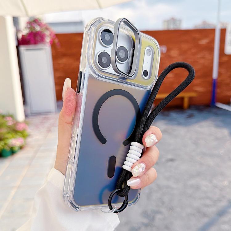 For iPhone 17 Pro Max Chameleon Lens Kickstand Magnetic Phone Case with Wrist Strap(Black)