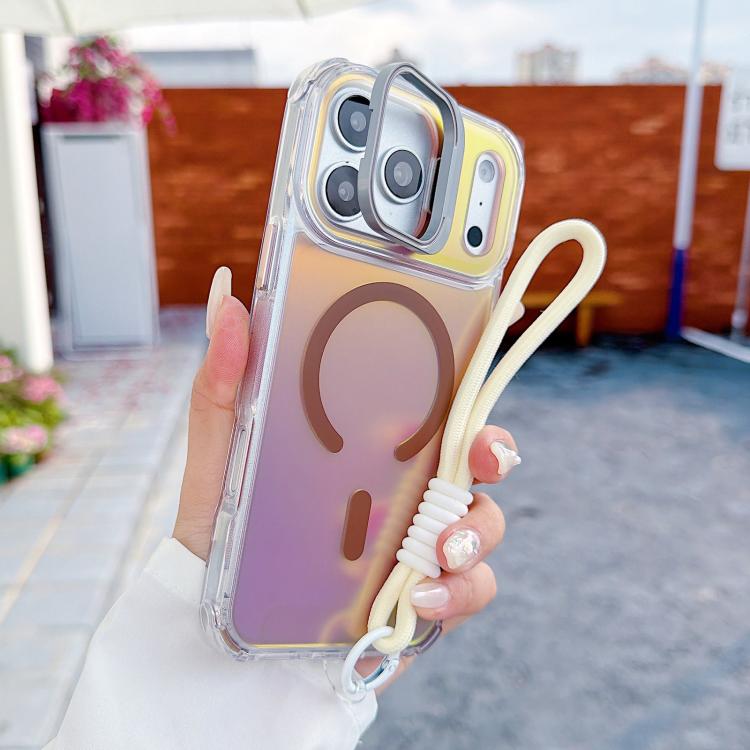 For iPhone 17 Pro Max Chameleon Lens Kickstand Magnetic Phone Case with Wrist Strap(Gold)