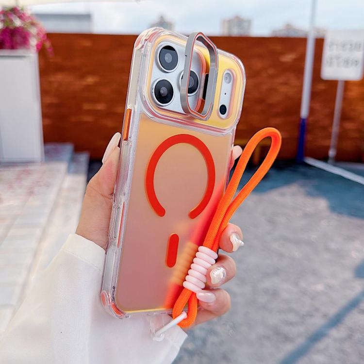 For iPhone 17 Pro Max Chameleon Lens Kickstand Magnetic Phone Case with Wrist Strap(Orange)