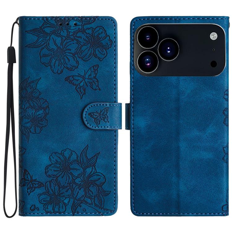 For iPhone 17 Pro Max Cherry Blossom Butterfly Skin Feel Embossed PU Phone Case(Blue)