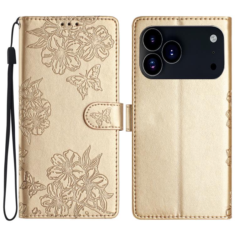 For iPhone 17 Pro Max Cherry Blossom Butterfly Skin Feel Embossed PU Phone Case(Gold)