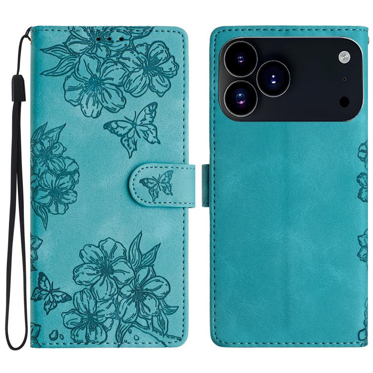 For iPhone 17 Pro Max Cherry Blossom Butterfly Skin Feel Embossed PU Phone Case(Green)