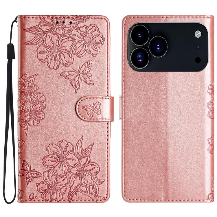 For iPhone 17 Pro Max Cherry Blossom Butterfly Skin Feel Embossed PU Phone Case(Rose Gold)