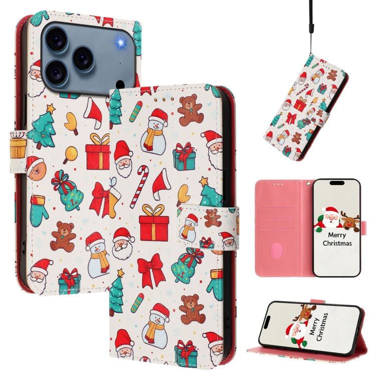 For iPhone 17 Pro Max Christmas Series Buckle Leather Phone Case with Hand Strap(Christmas Elements)