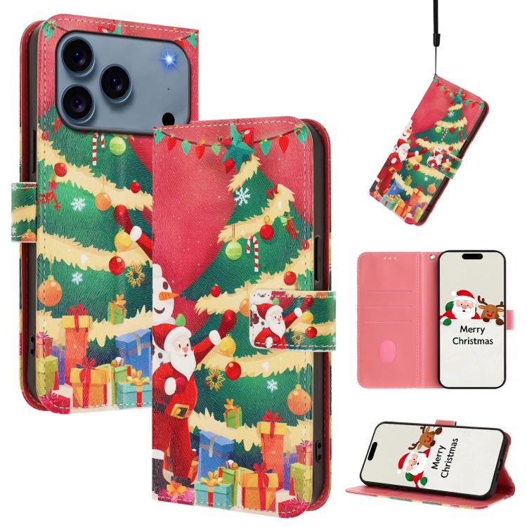 For iPhone 17 Pro Max Christmas Series Buckle Leather Phone Case with Hand Strap(Christmas Tree)