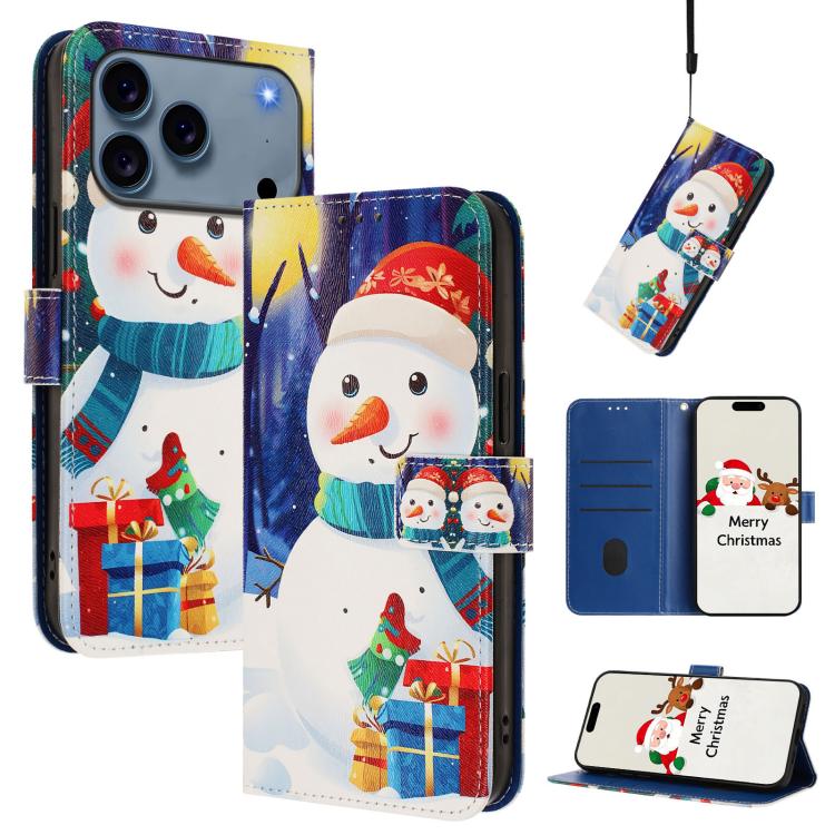 For iPhone 17 Pro Max Christmas Series Buckle Leather Phone Case with Hand Strap(Gift Box Snowman)