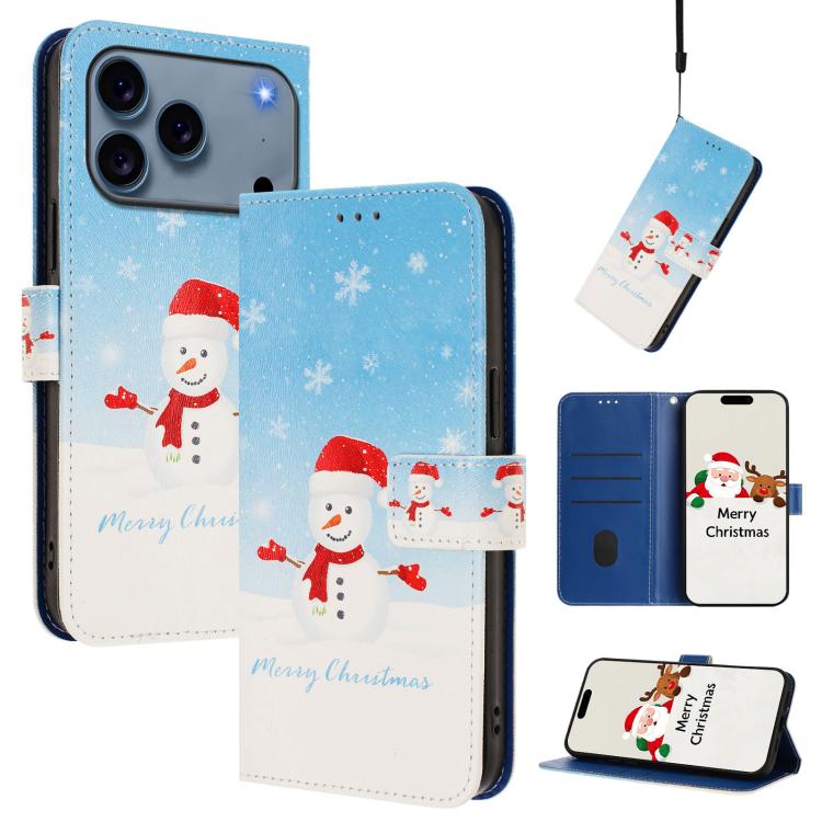 For iPhone 17 Pro Max Christmas Series Buckle Leather Phone Case with Hand Strap(Snowflake Snowman)