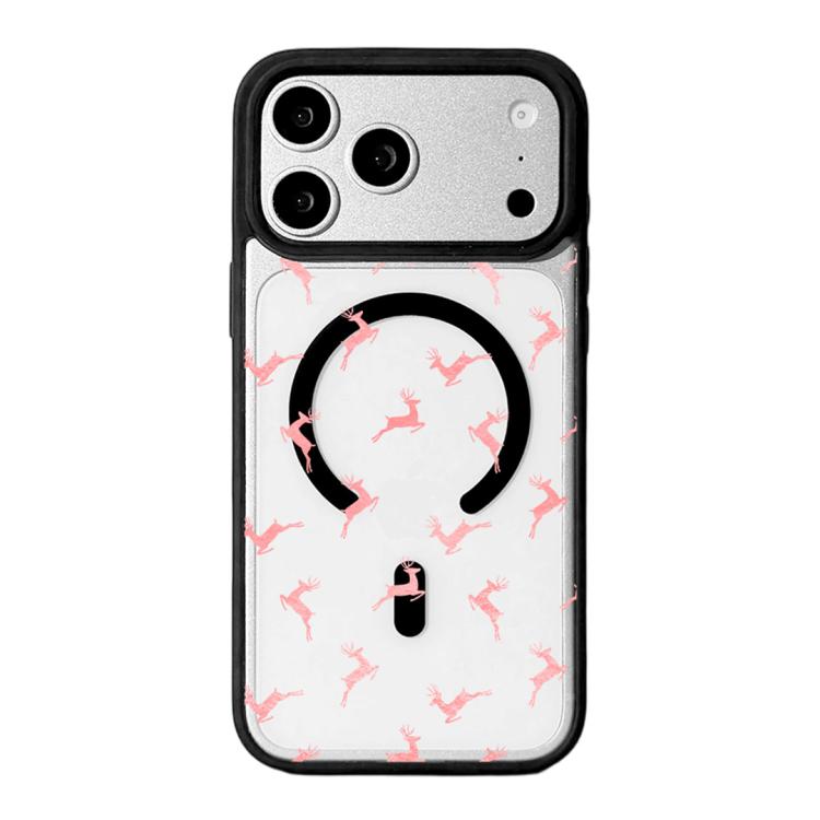 For iPhone 17 Pro Max Christmas Series Strong Magnetic Painted Black Edge Phone Case(Pink Reindeer Leaping)