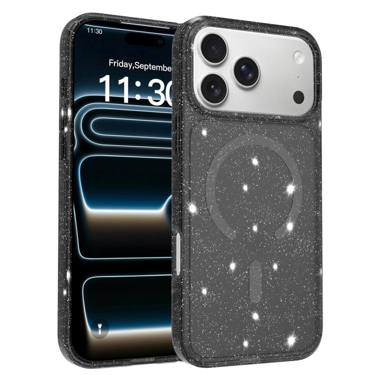 For iPhone 17 Pro Max Clear Glitter Magnetic PC Hybrid TPU Phone Case(Black)