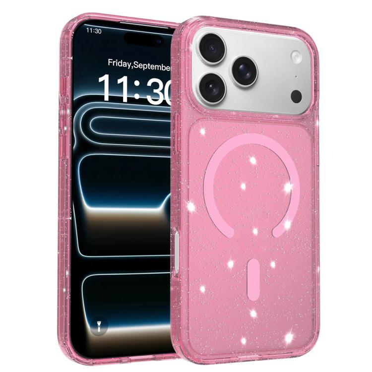 For iPhone 17 Pro Max Clear Glitter Magnetic PC Hybrid TPU Phone Case(Pink)