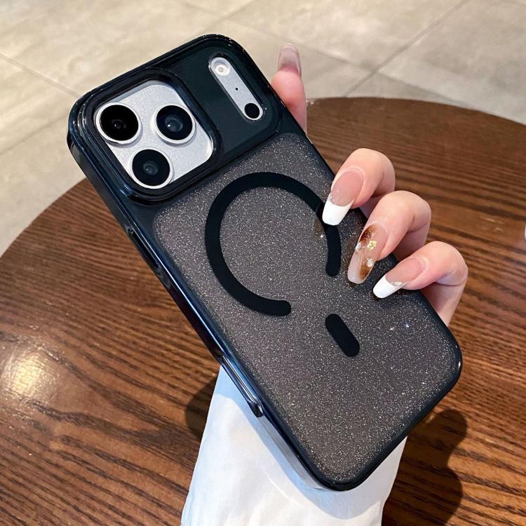For iPhone 17 Pro Max Clear Glitter Magnetic Shockproof Phone Case(Black)