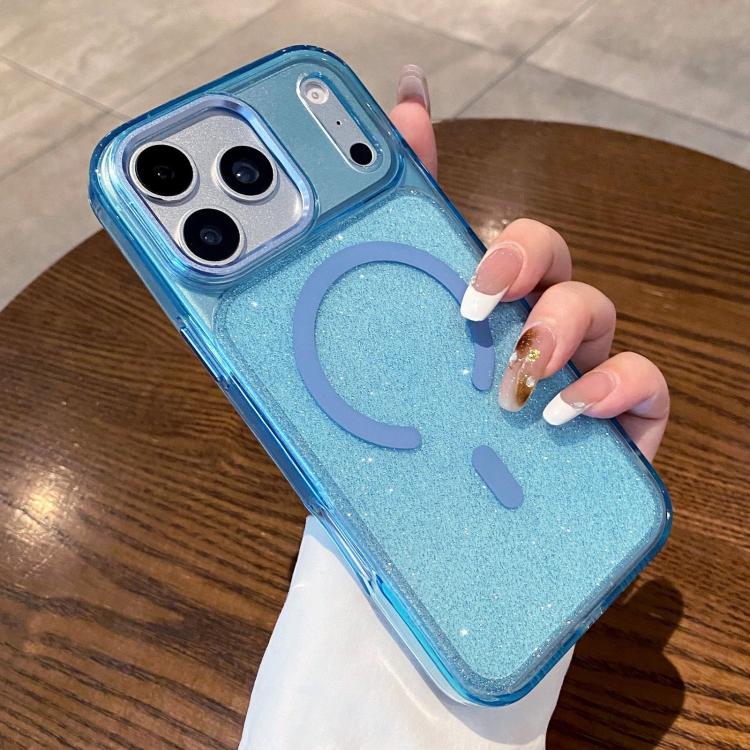 For iPhone 17 Pro Max Clear Glitter Magnetic Shockproof Phone Case(Blue)