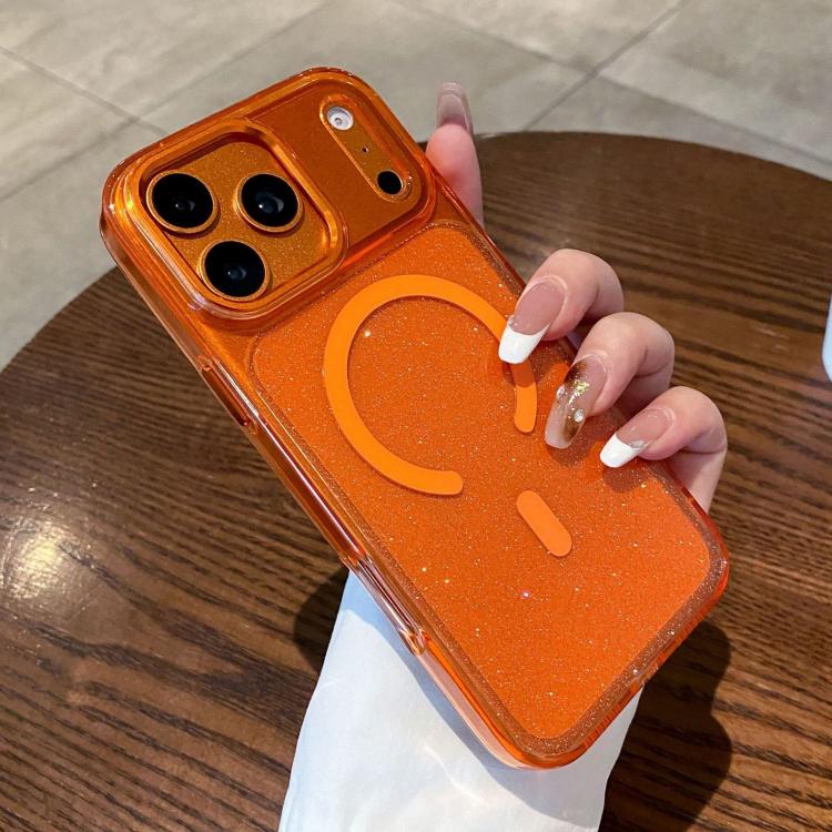 For iPhone 17 Pro Max Clear Glitter Magnetic Shockproof Phone Case(Orange)