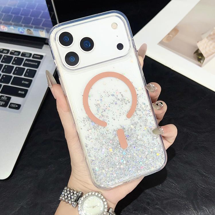 For iPhone 17 Pro Max Clear Glitter TPU Magnetic Phone Case(Orange Rhinestone)