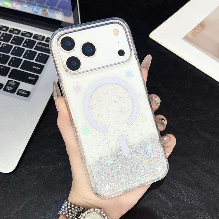 For iPhone 17 Pro Max Clear Glitter TPU Magnetic Phone Case(Snowflake)