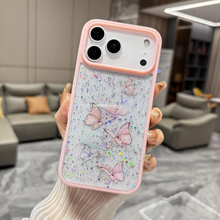 For iPhone 17 Pro Max Color Butterfly Glitter Epoxy TPU Phone Case(Pink)