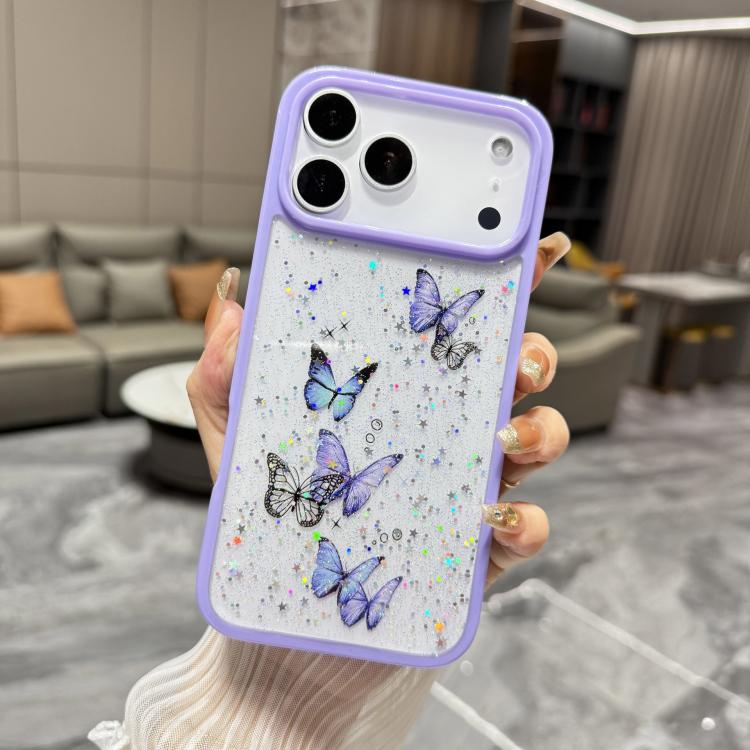 For iPhone 17 Pro Max Color Butterfly Glitter Epoxy TPU Phone Case(Purple)