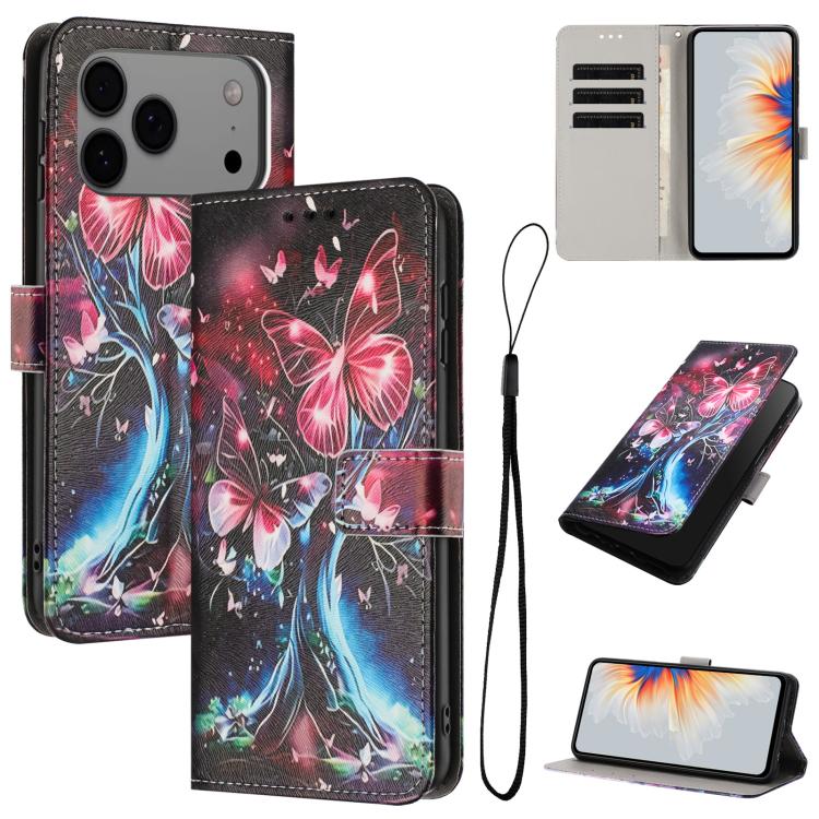 For iPhone 17 Pro Max Color Drawing Pattern Leather Phone Case(Butterfly Tree)