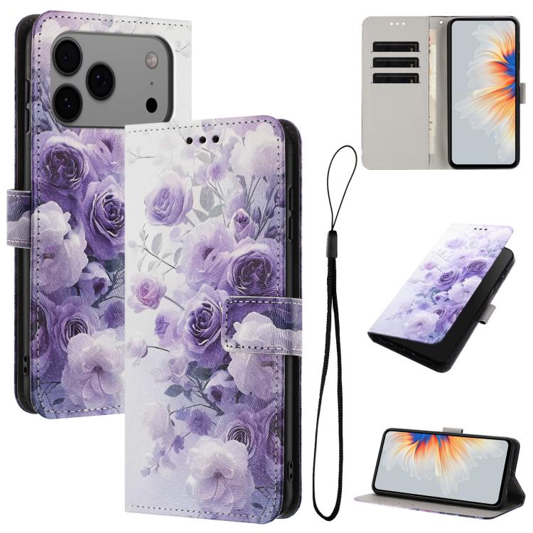 For iPhone 17 Pro Max Color Drawing Pattern Leather Phone Case(Purple Rose)