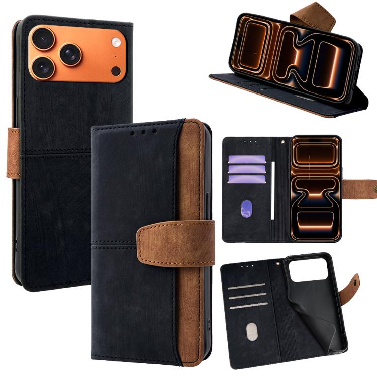 For iPhone 17 Pro Max Color Stitching Skin Feel Leather RFID Blocking Phone Case(Black)