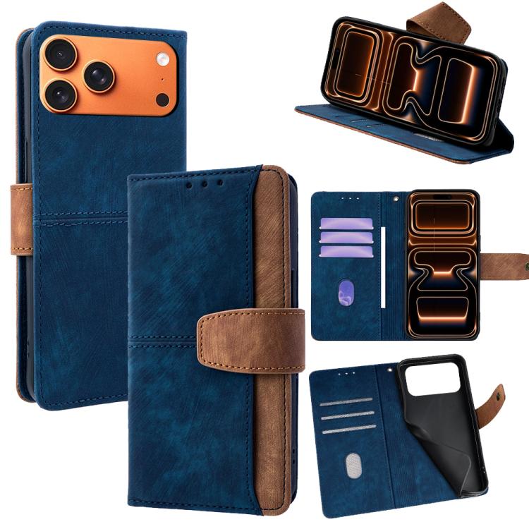 For iPhone 17 Pro Max Color Stitching Skin Feel Leather RFID Blocking Phone Case(Blue)