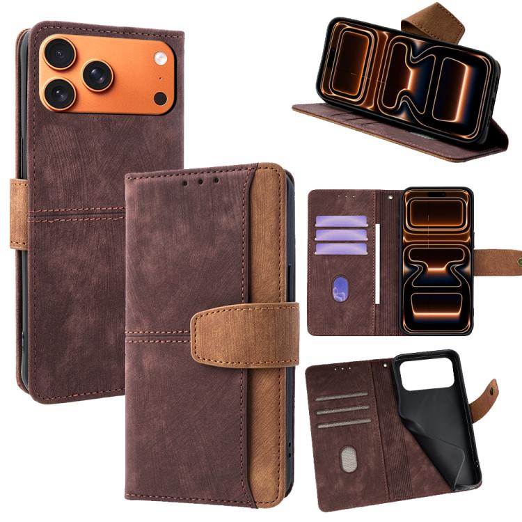 For iPhone 17 Pro Max Color Stitching Skin Feel Leather RFID Blocking Phone Case(Brown)