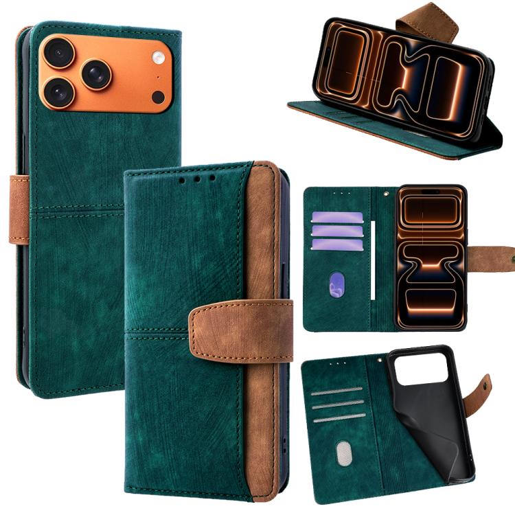 For iPhone 17 Pro Max Color Stitching Skin Feel Leather RFID Blocking Phone Case(Green)