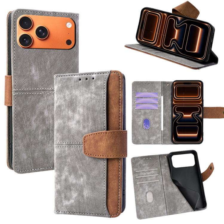 For iPhone 17 Pro Max Color Stitching Skin Feel Leather RFID Blocking Phone Case(Grey)